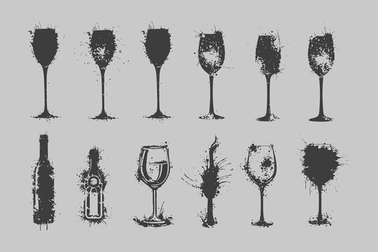 brush texture style Wine glass with slash bottle vector illustration. Wine glass with bottle black lnk brush stroke isolated