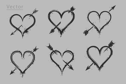 Love or Hart with arrow in Hand draw brush texture style vector illustration.