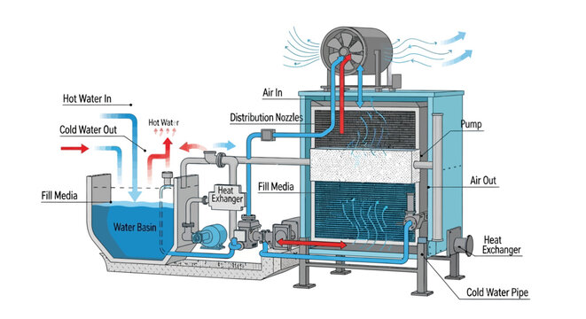 Diagram of a water cooling tower system with labeled components