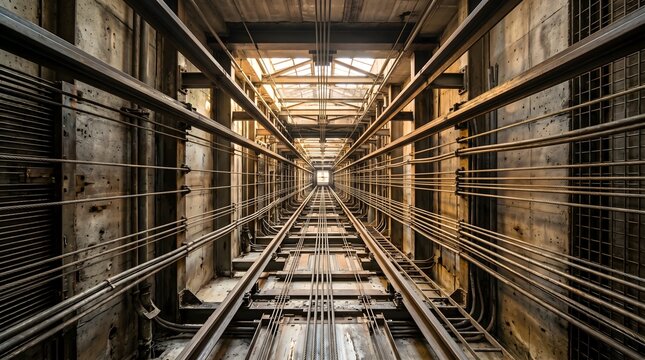 Internal View of Industrial Elevator Shaft with Steel Cables and Rails