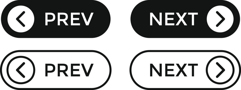 Next and Previous Button icon Set. Directional Control Symbols. Left and right pointer icons. Navigation arrows and direction design. Forward and backward signs. 