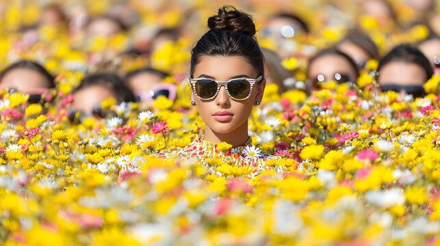Fashion Model with Sunglasses in Bun Head Surrounded by Yellow and Pink Daisy Flowers, Creative Luxury Portrait, Crowded Summer Festival Backdrop