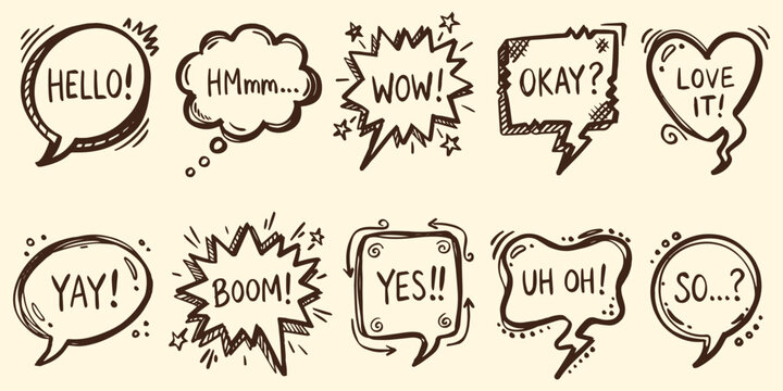 Hand drawn speech bubble set with expression text comic style perfect for dialogue, chat, caption, sticker, and graphic design elements