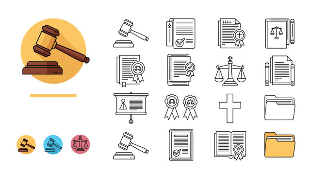 Comprehensive collection of diverse law and justice icons in various styles, symbolizing legal systems, rights, and official documentation.