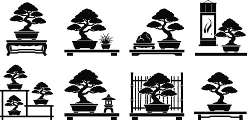 Obraz premium Bonsai Display Elements Silhouette Vector Set
