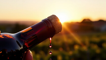 Fototapeta premium A wine bottle drips liquid as sunlight sets behind a vineyard. The vineyard glows in the warm light, highlighting the wine and the natural surroundings.