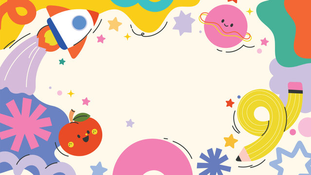 Cute colorful kids hand drawn doodle background frame design vector with rocket, planet, rainbow pencil, smiling orange and stars. Design for 4K video template, banner, back to school and education ad