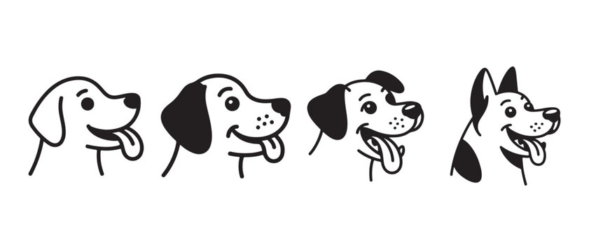 Set of dog head illustrations with open mouths and tongues out, smiling.