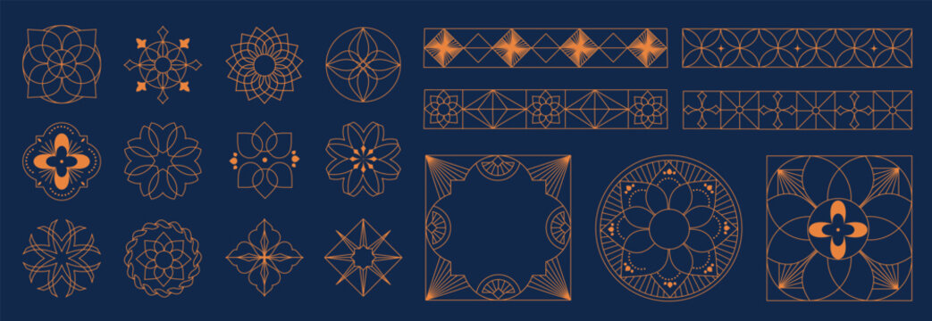 Luxury gold line art deco geometric ornament frame and border vector set on black background. Elegant vintage decorative elements collection for invitation, wedding card, logo, packaging design.