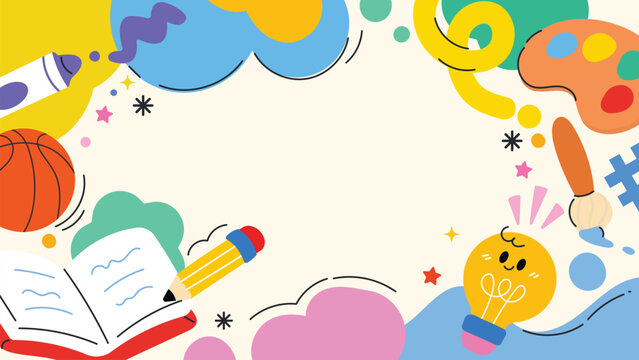Cute colorful kids hand drawn doodle background frame design vector with open book, pencil, crayon, basketball, paint palette, brush and light bulb. Design for 4K video template, back to school. 