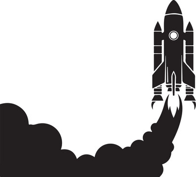 Rocket launch, space icon, black silhouette, vector graphic, launchpad blast off