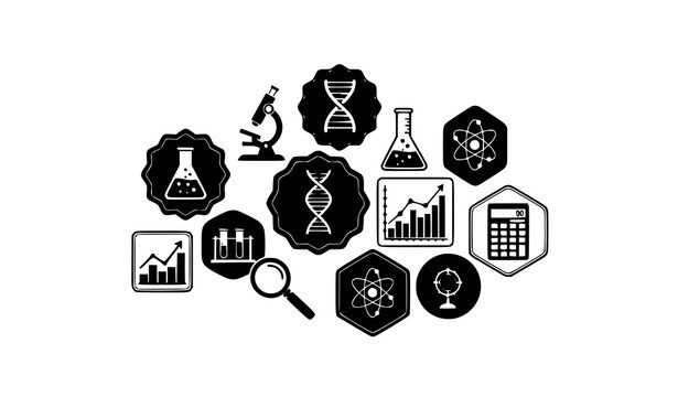 Scientific silhouette badges vector set with analytical research icon emblem designs