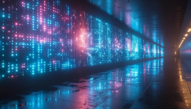 Futuristic data stream corridor with glowing binary code and reflections on polished floor