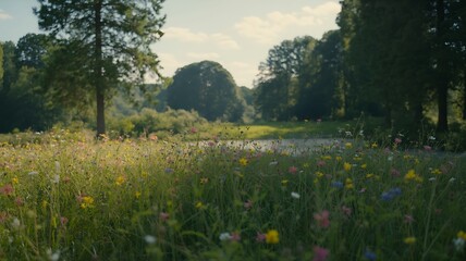 Fototapeta premium Cinematic Summer Meadow with Colorful Wildflowers and Lush Trees
