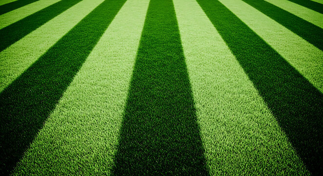 Abstract green soccer field grass texture, pattern of alternating light and dark stripes on sports pitch, natural lawn surface background for football stadium, detailed close up of athletic turf