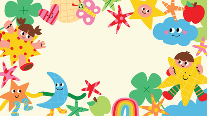 Fototapeta premium Cute colorful kids hand drawn doodle background frame design vector with smiling children, star characters, moon, cloud, butterfly, rainbow, clover and apple. Design for 4K video template, banner.