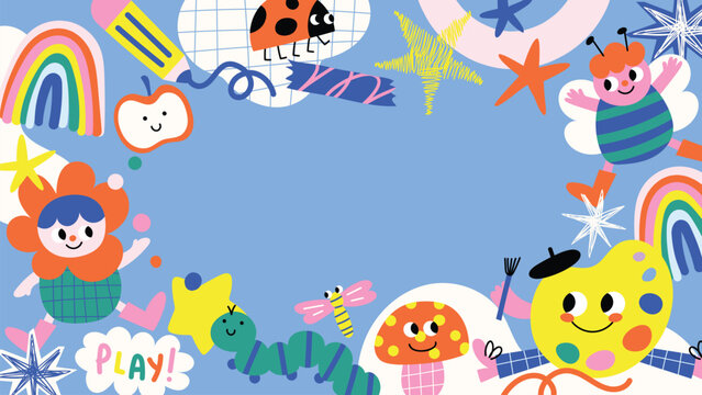 Cute colorful kids hand drawn doodle background frame design vector with rainbow, pencil, apple, ladybug, butterfly, flower children, caterpillar, mushroom and painter palette. Design for 4K template.