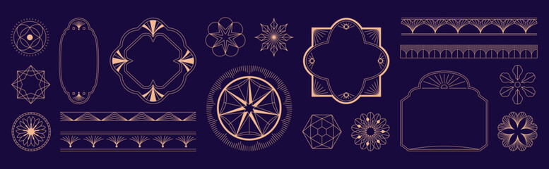 Luxury gold line art deco geometric ornament frame and border vector set on black background. Elegant vintage decorative elements collection for invitation, wedding card, logo, packaging design. © TWINS DESIGN STUDIO