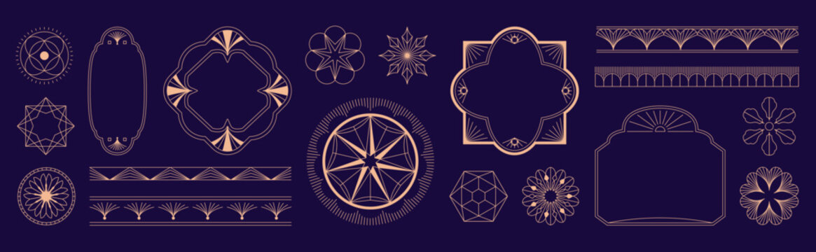 Luxury gold line art deco geometric ornament frame and border vector set on black background. Elegant vintage decorative elements collection for invitation, wedding card, logo, packaging design.