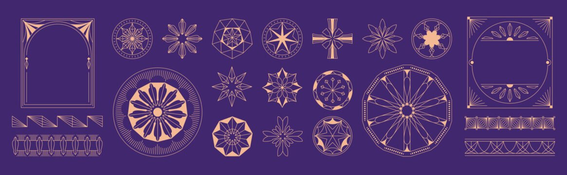 Luxury gold line art deco geometric ornament frame and border vector set on black background. Elegant vintage decorative elements collection for invitation, wedding card, logo, packaging design.