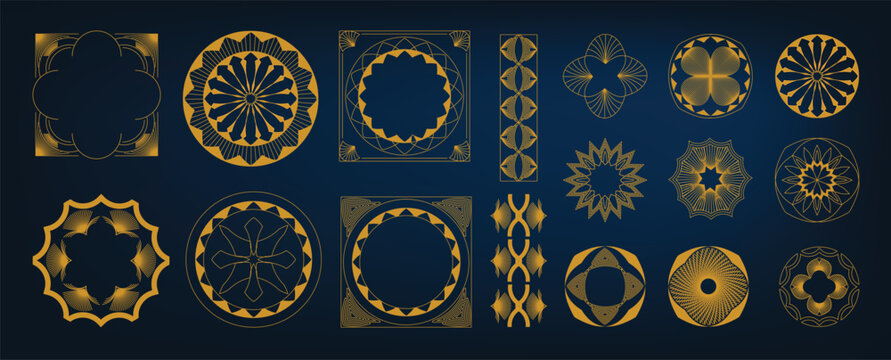 Luxury gold line art deco geometric ornament frame and border vector set on black background. Elegant vintage decorative elements collection for invitation, wedding card, logo, packaging design.
