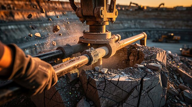 A close-up view of heavy industrial machinery, possibly a rock drill or breaker, actively fracturing a large stone block at a dusty open-pit mine or construction site during sunset.