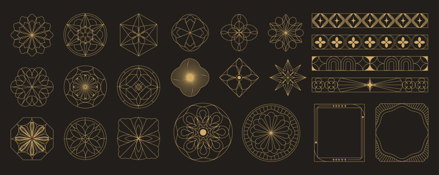Luxury gold line art deco geometric ornament frame and border vector set on black background. Elegant vintage decorative elements collection for invitation, wedding card, logo, packaging design.