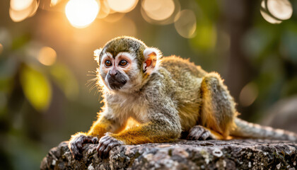 Obraz premium A monkey sits on a rock, basking in the warm sunlight. The monkey appears calm, surrounded by lush green foliage in a natural setting.
