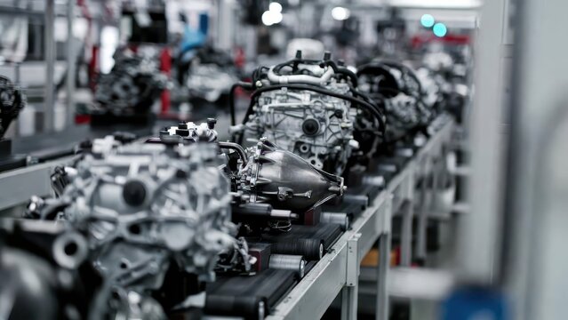 Engine Production Line in Automotive Factory Showing Assembly Process