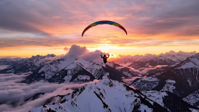 Paragliders soar above snowy mountains at sunset in a stunning aerial view of beautiful landscapes
