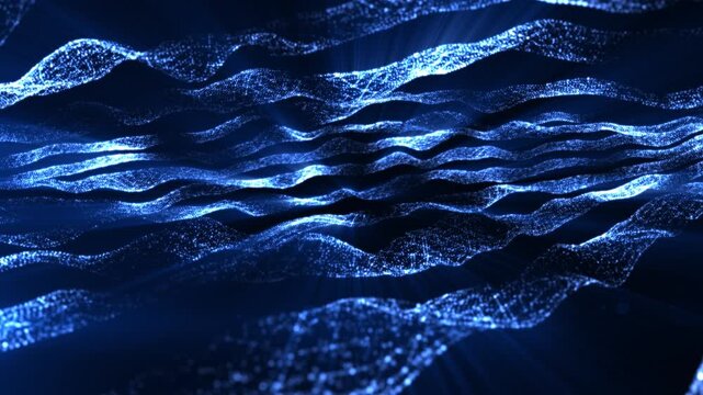 Glowing blue particle waves flow in layers, forming a dynamic abstract digital landscape with depth, motion, and futuristic technology energy.