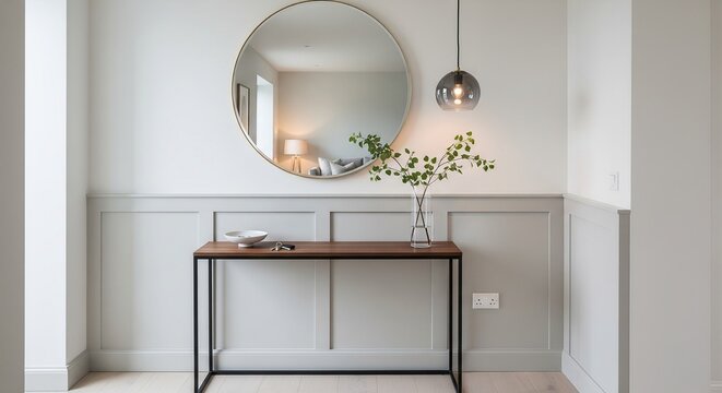 A bright and modern hallway interior featuring a wooden console table against a grey wood-paneled wall. A large round mirror hangs above the table, reflecting a soft light, with a glass pendant lamp.