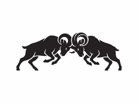 Two Rams Butting Heads Silhouette Illustration, Bighorn Sheep Fighting Vector