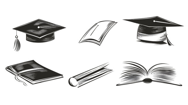 Collection of academic themed illustrations, consisting of mortarboards and various open and closed books