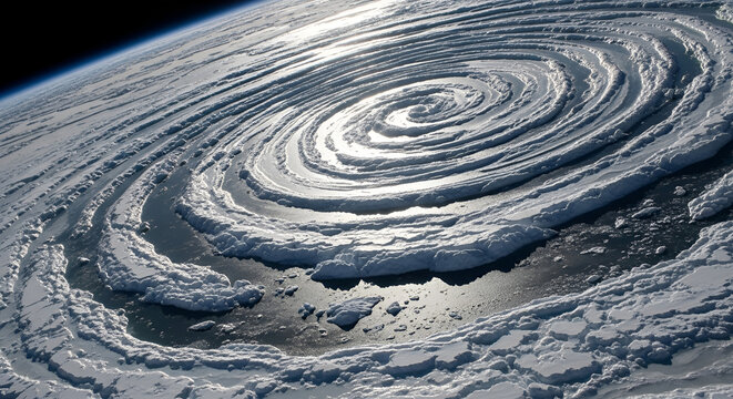 Spiral ice vortex in the polar ocean, climate change concept from space, melting glaciers and sea ice, global warming awareness, environmental crisis, arctic aerial view