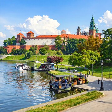 A scenic riverbank with boats and a historic castle