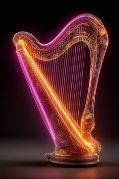 Vibrant Neon Aura Illuminated Harp with Wireframe Design, Dark Background