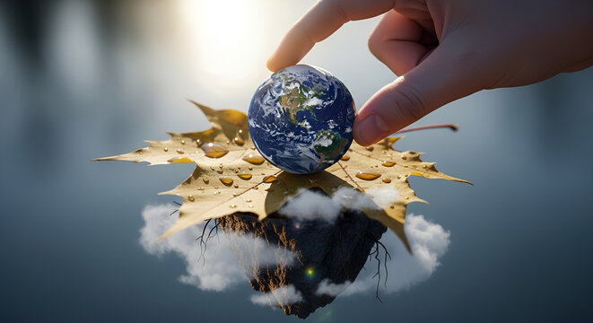 Miniature Earth globe held on dew-covered autumn leaf atop a floating island, environmental protection concept, global sustainability, climate change awareness