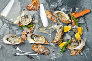 Obraz premium Composition of wine, glasses and fresh open oysters. Healthy sea food. on a gray textured stone background. Free space for text.