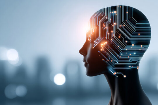 Artificial intelligence showing human head silhouette with glowing circuit board patterns, symbolizing advanced technology, digital transformation. Futuristic innovation, AI integration