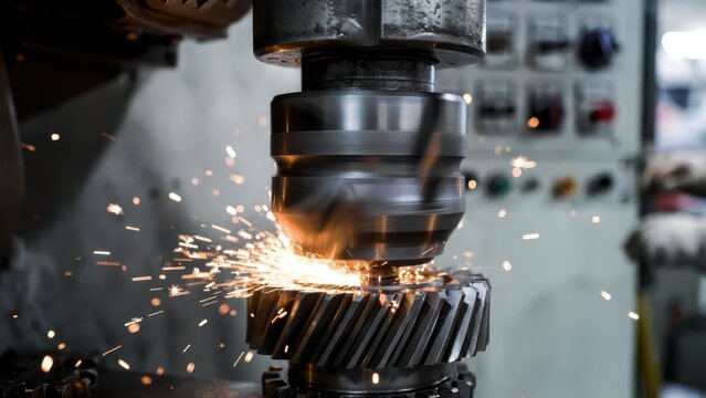 Metalworking Process with Sparks during Gear Cutting in Workshop