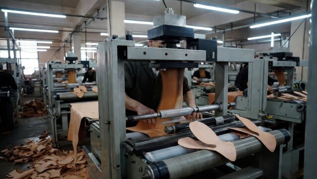 Leather Production Process in Industrial Workshop with Machinery
