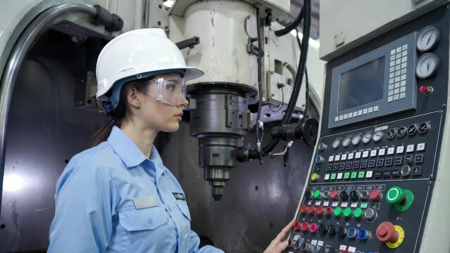 Female Engineer Operating CNC Machine in Modern Manufacturing Plant