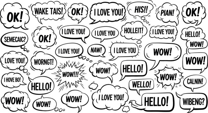 Hand drawn speech bubbles with positive and common phrases