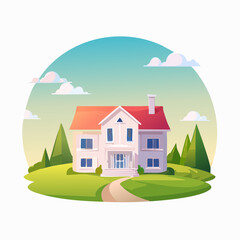 Naklejka premium Beautiful suburban house on a green hill with a winding path and trees
