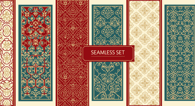Seamless Set of Traditional Oriental Floral Geometric Decorative Patterns in an Isolated White Background