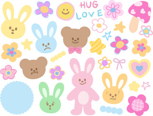 Fototapeta premium Cute pastel vector illustrations of bunny and teddy bear's expressions, flowers, mushroom for pet shop, vet, zoo, stickers, cartoon, characters, comic, mascot, standee, patch, blossom, animal emotion