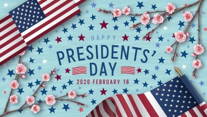 Fototapeta premium Happy Presidents Day celebration graphic featuring American flags stars and blooming cherry blossoms for February 16 event