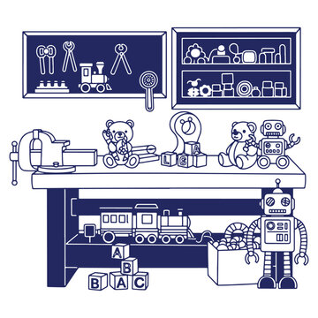 Illustration of a Toy Workshop with Teddy Bears and Wooden Toys Depicting Childhood Fun and Creativity