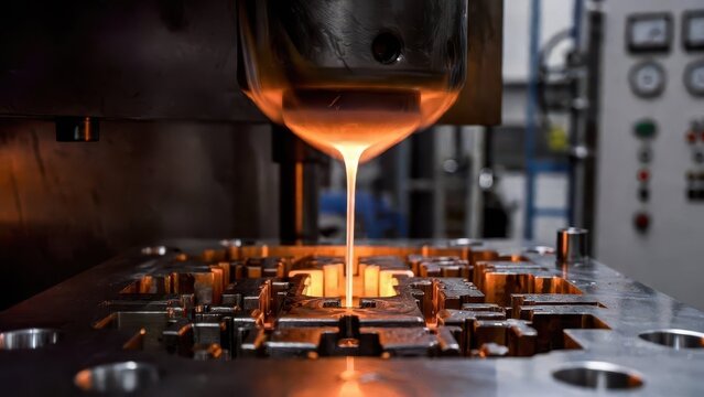 Molten Metal Pouring into Industrial Mold in Manufacturing Facility